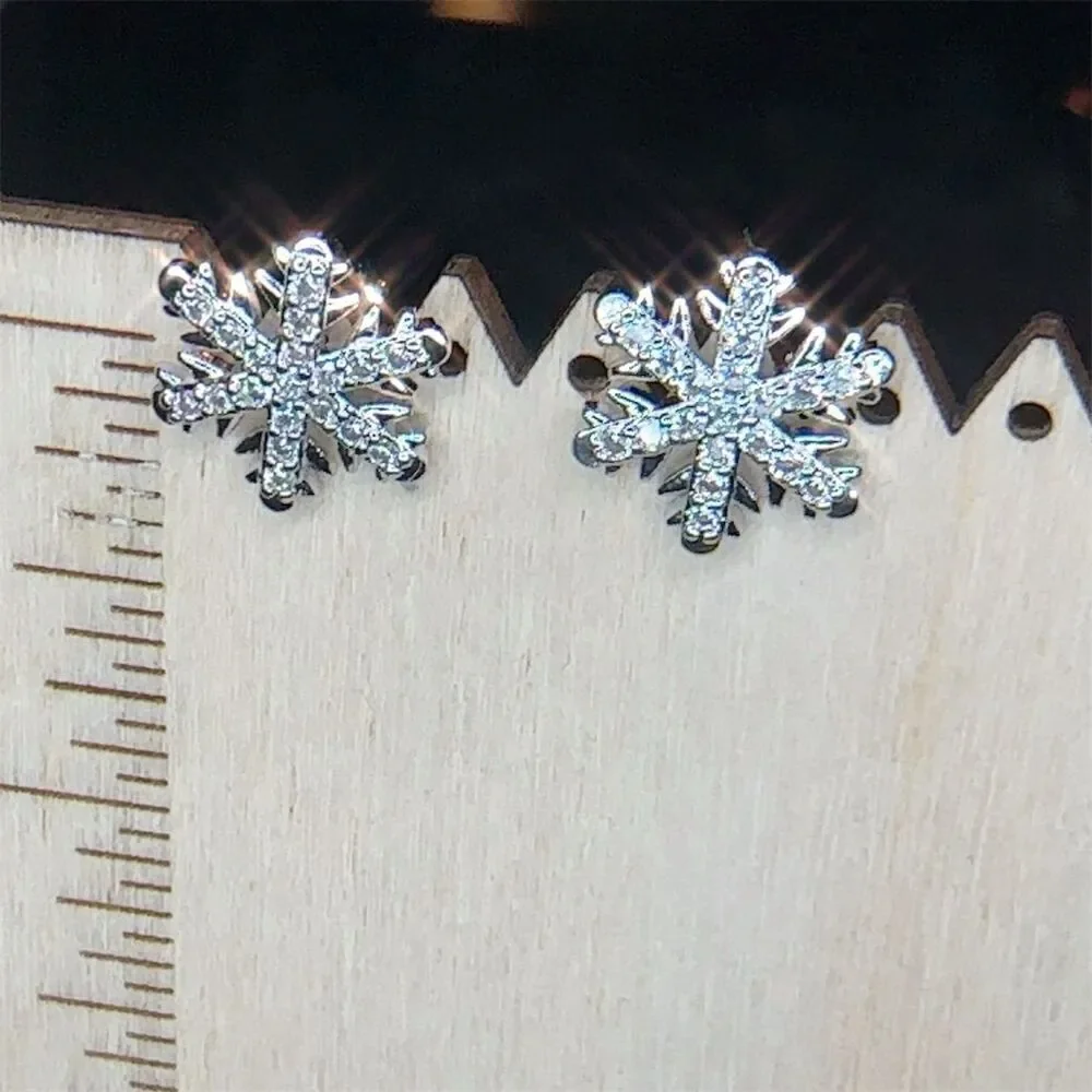 Silver Snowflake Crystal CZ Stud Earrings Christmas Theme - Picture 6 of 8